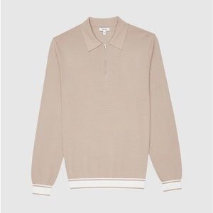 Reiss beige and white collar 1/4 zip up long sleeved polo top jumper